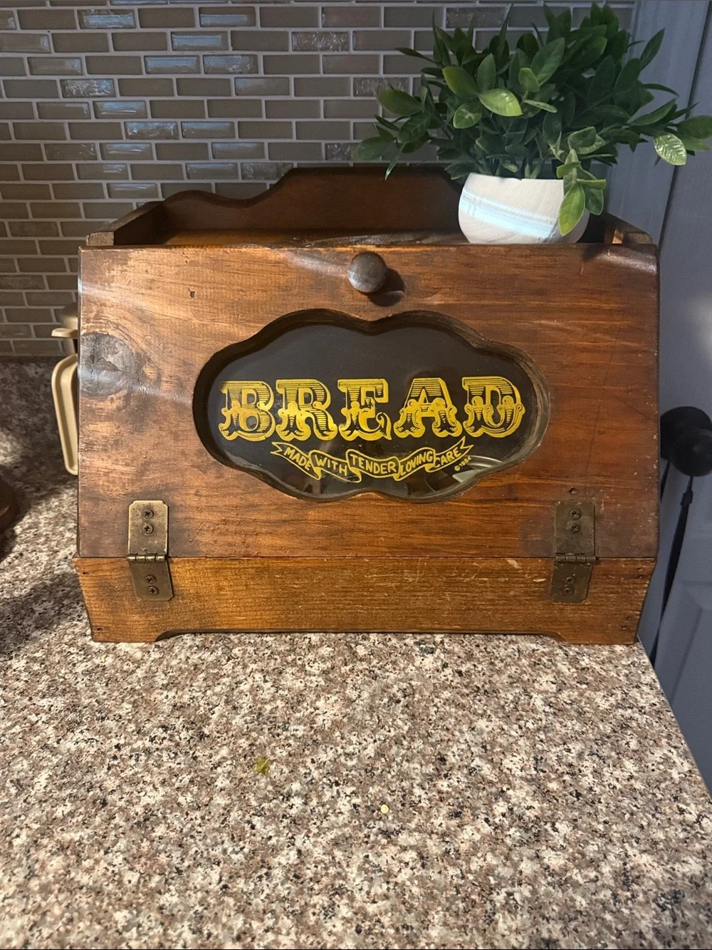 Wooden Bread Box with Yellow 'BREAD' Graphic